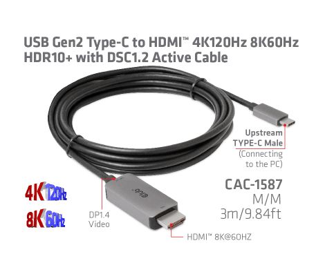 Club 3D Adaptador Activo USB Tipo C a DP 1.4 8K60Hz DSC1.2 HDR HBR3 CAC-1567 