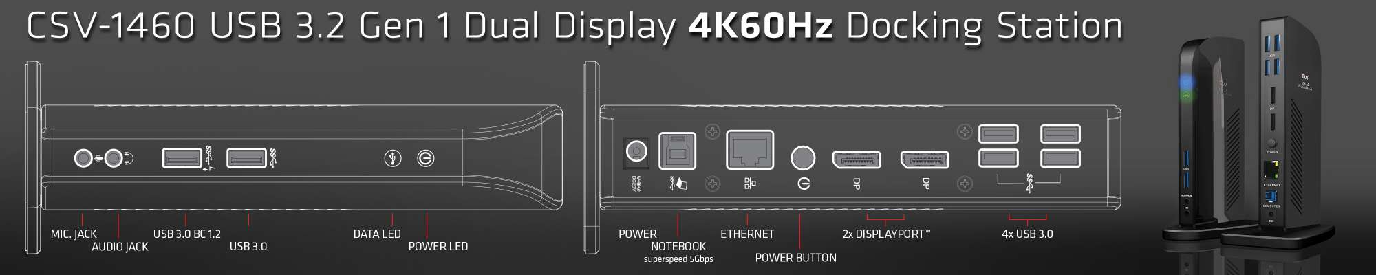 USB3.2 Gen1 Type A or C Dual Display 4K60Hz Docking Station