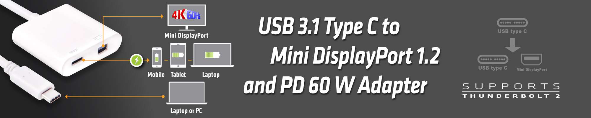 USB 3.1 Type C to Mini DisplayPort 1.2 and PD 60 W Adapter