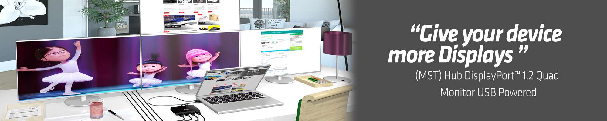 Multi Stream Transport (MST) Hub DisplayPort™ 1.2 Quad Monitor USB Powered