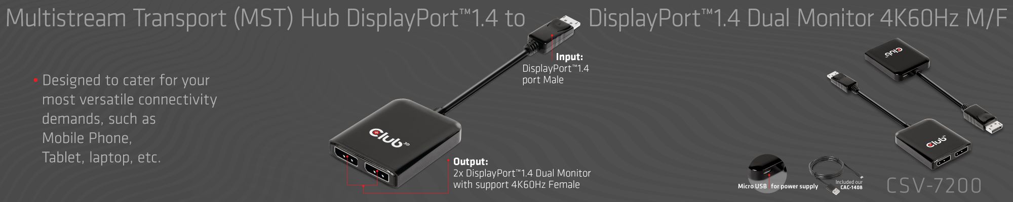 Multistream Transport (MST) Hub DisplayPort™ 1.4 to  DisplayPort™ Dual Monitor 4K60Hz M/F