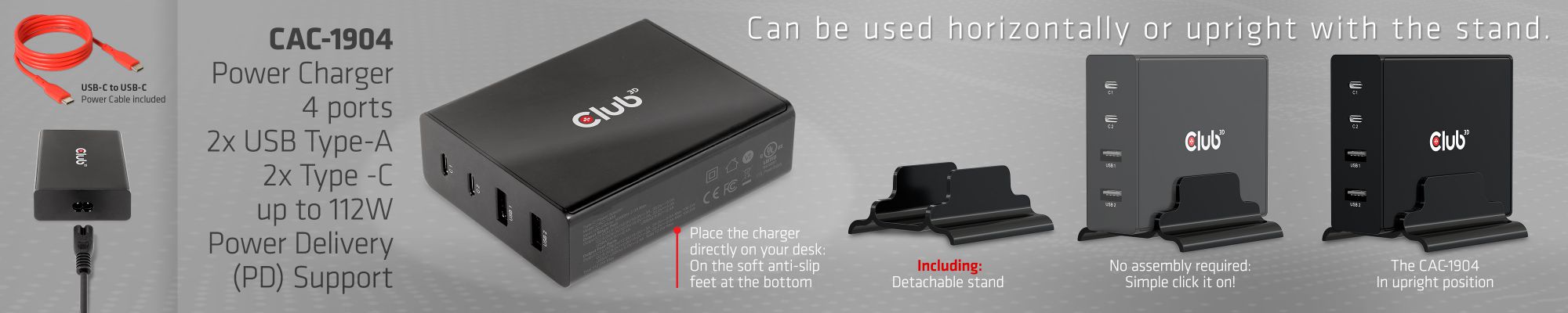 Power Charger, 4 ports, 2x USB Type-A   2x Type-C up to 112W, Power Delivery(PD) Support