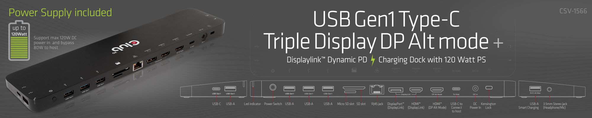 USB Gen1 Type-C Triple Display DP Alt mode   Displaylink Dynamic PD Charging Dock with 120 Watt PS