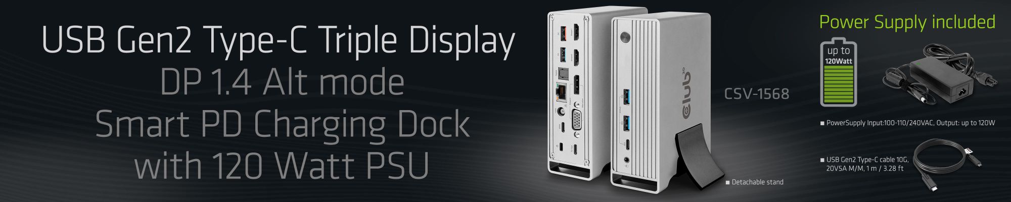 USB Gen2 Type-C Triple Display DP 1.4 Alt mode  Smart PD Charging Dock with 120 Watt PSU