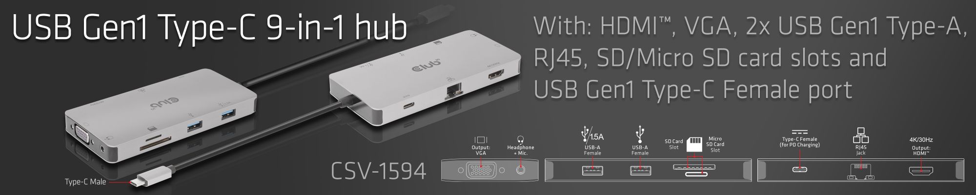 USB Gen1 Type-C 9-in-1 hub with HDMI, VGA, 2x USB Gen1 Type-A, RJ45, SD/Micro SD card slots and USB Gen1 Type-C Female port