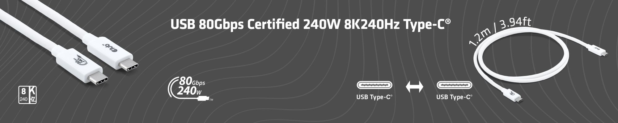 USB 80Gbps Certified 240W 8K240Hz Type-C® 1.2m / 3.94ft White Cable