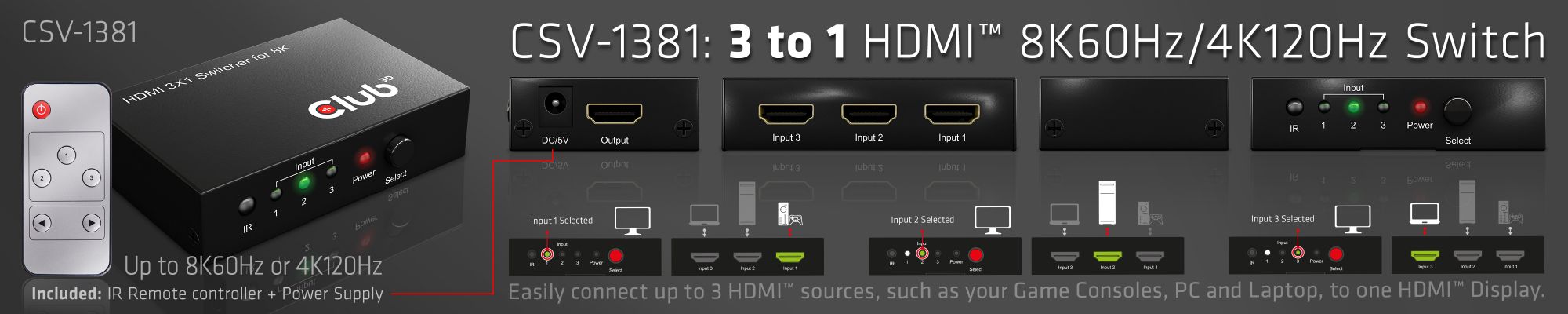 3 to 1 HDMI™ 8K60Hz/4K120Hz Switch