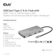 Concentrador 9 en 1 USB Gen1 Tipo-C con HDMI, VGA, 2x USB Gen1 Type-A, RJ45, ranuras para tarjetas SD / Micro SD y puerto USB Gen1 Tipo-C hembra