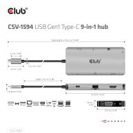 USB Gen1 Type-C 9-in-1 hub with HDMI, VGA, 2x USB Gen1 Type-A, RJ45, SD/Micro SD card slots and USB Gen1 Type-C Female port