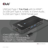 USB Gen1 Type-C 7-in-1 hub with 2x HDMI, 2x USB Gen1 Type-A, 1x RJ45, 1x 3.5mm Audio, 1x USB Gen1 Type-C 100W Female port