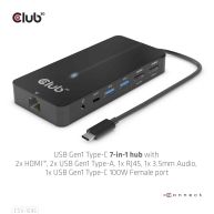 USB Gen1 Type-C 7-in-1 hub with 2x HDMI, 2x USB Gen1 Type-A, 1x RJ45, 1x 3.5mm Audio, 1x USB Gen1 Type-C 100W Female port