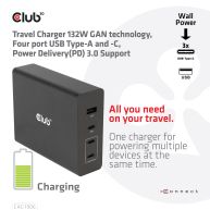 Cargador de viaje con tecnología GAN de 132 W, cuatro puertos USB tipo A y C, soporte Power Delivery (PD) 3.0