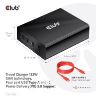 Cargador de viaje con tecnología GAN de 132 W, cuatro puertos USB tipo A y C, soporte Power Delivery (PD) 3.0