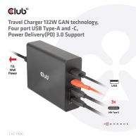 Cargador de viaje con tecnología GAN de 132 W, cuatro puertos USB tipo A y C, soporte Power Delivery (PD) 3.0