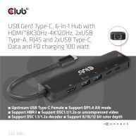 USB Gen1 Type-C, 6-in-1 Hub with HDMI 8K30Hz-4K120Hz, 2xUSB Type-A, RJ45 and 2xUSB Type-C, Data and PD charging 100 watt