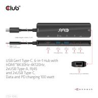 USB Gen1 Type-C, 6-in-1 Hub with HDMI 8K30Hz-4K120Hz, 2xUSB Type-A, RJ45 and 2xUSB Type-C, Data and PD charging 100 watt
