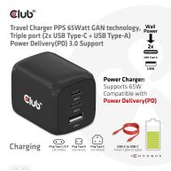 Travel Charger PPS 65Watt GAN technology, Triple port (2x USB Type-C + USB Type-A) Power Delivery(PD) 3.0 Support