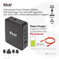 International Travel Charger 140W GaN technology, Four port USB Type-A(1x) and -C(3x), PPS + Power Delivery(PD) 3.1 Support