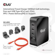 Reise-Ladegerät 140W GaN-Technologie, USB Typ-A(1x) und Typ-C(3x), PPS + Power Delivery (PD) 3.1 Unterstützung