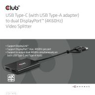 El Club 3D CSV-1478 USB Tipo-C (con adaptador USB-A) a doble DisplayPort™ (4K60Hz) Video Splitter