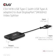 USB Type-C (with USB Type-A adapter) to dual DisplayPort™(4K60Hz) Video Splitter