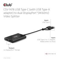 El Club 3D CSV-1478 USB Tipo-C (con adaptador USB-A) a doble DisplayPort™ (4K60Hz) Video Splitter