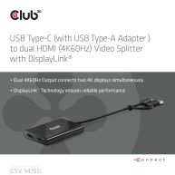 USB Type-C (with USB Type-A Adapter) to dual HDMI (4K60Hz) Video Splitter with DisplayLink