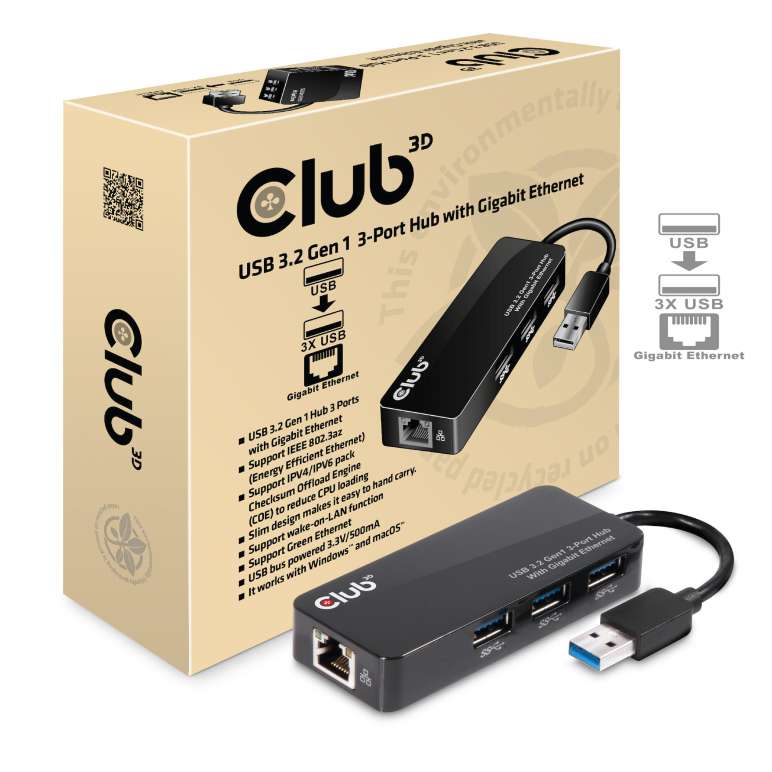 USB 3.2 Gen1 Typ A 3-Port Hub mit Gigabit Ethernet