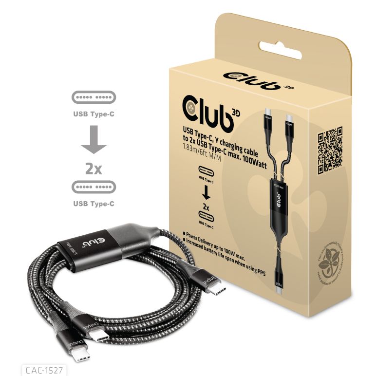 USB Type-C, cable de carga Y a 2x USB Type-C máx. 100 W, 1,83 m / 6 pies M / M