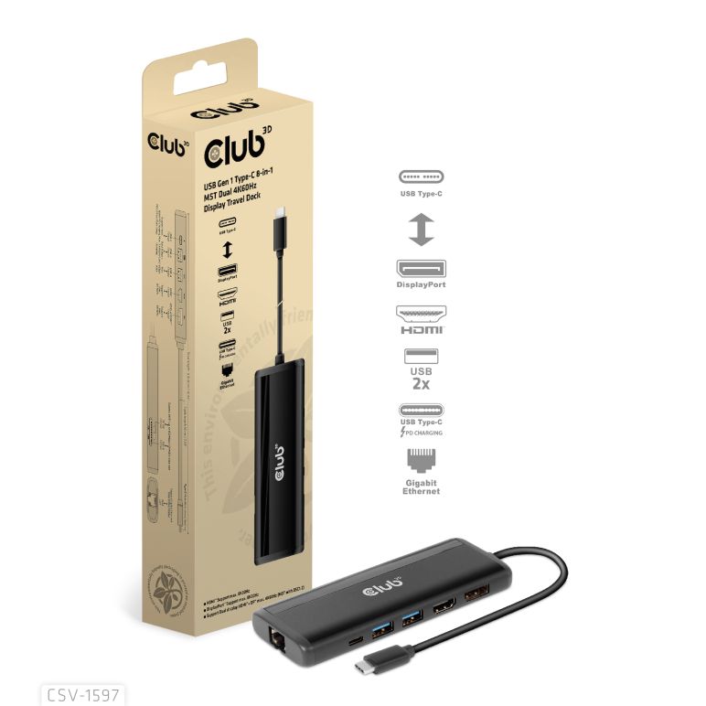 Docking station USB Gen1 Tipo-C 8 en 1 MST Pantalla Dual 4K60Hz Travel Dock