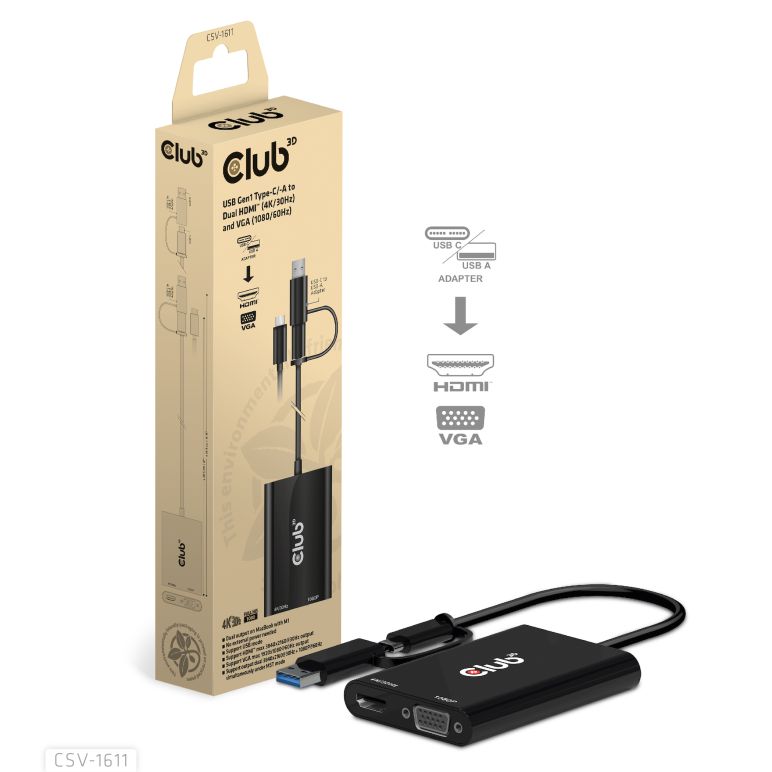 USB Gen1 Tipo-C/-A a Dual HDMI (4K/30Hz) y VGA (1080/60Hz)