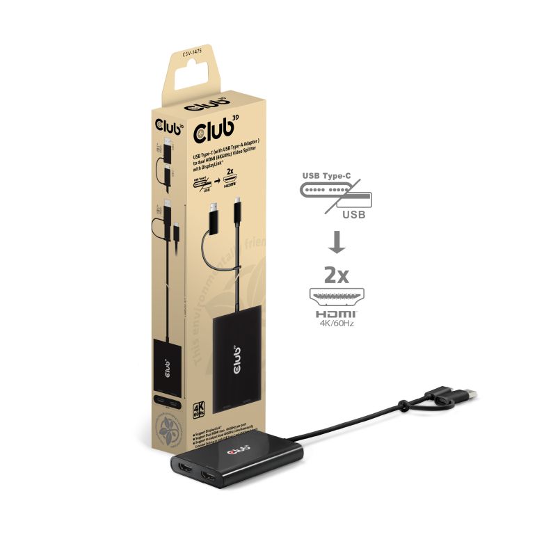 USB Type-C (with USB Type-A Adapter) to dual HDMI (4K60Hz) Video Splitter with DisplayLink