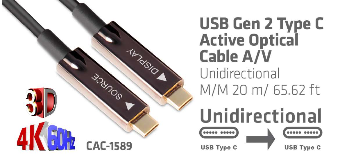 CAC-1589 USB Gen 2 Typ C Aktives Optisches A/V Unidirektional Kabel St/St 20 m